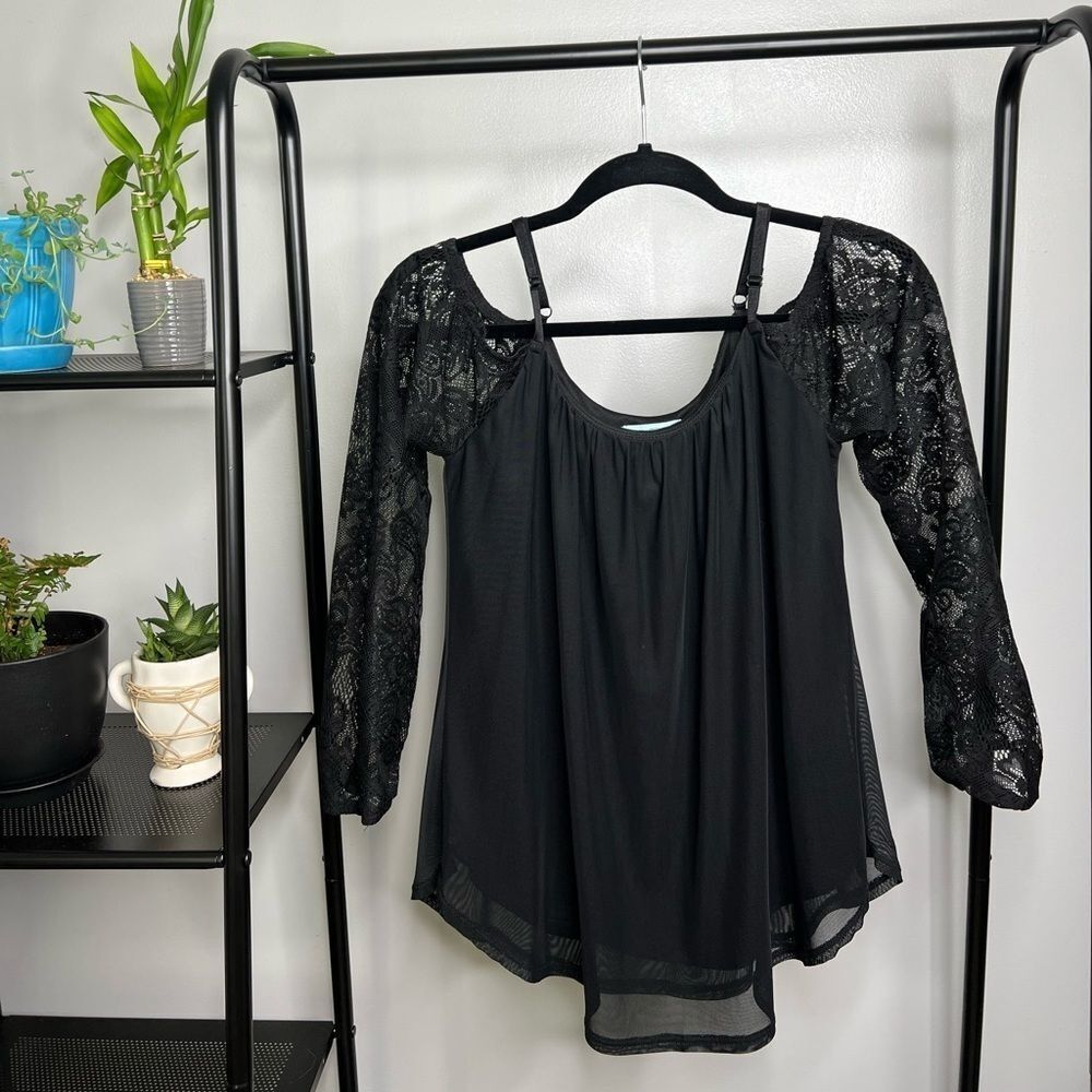 Maurice’s Black, Cold-Shoulder, Long-Sleeve Blouse with Lace Sleeves